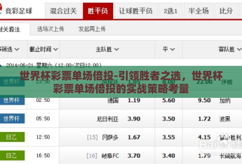 世界杯彩票单场倍投-引领胜者之选,世界杯彩票单场倍投的实战策略考量 世界杯彩票单场倍投-引领胜者之选,世界杯彩票单场倍投的实战策略考量