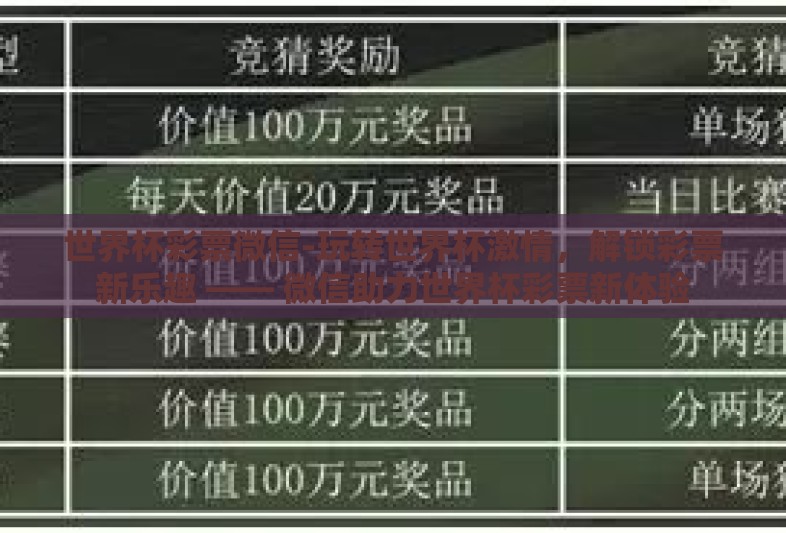 世界杯彩票微信-玩转世界杯激情，解锁彩票新乐趣 —— 微信助力世界杯彩票新体验